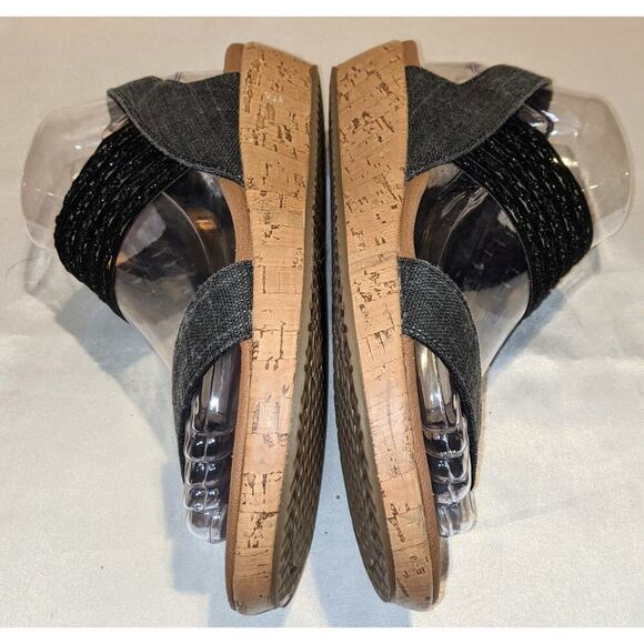 Skechers Womens Black Luxe Foam Brie Sandals Cork Wedge Denim Strap Casual Sz 7 - Picture 6 of 10
